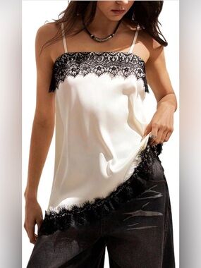 NWT Lace Trim Satin Cami Tank Top White/Black Eyelash Lace XS-XL